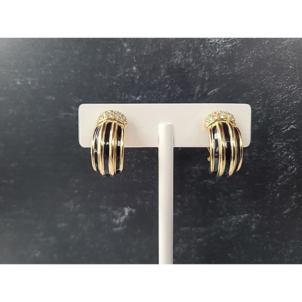 Gold And Black Striped Rhinestone Hoop Clip-on Earrings